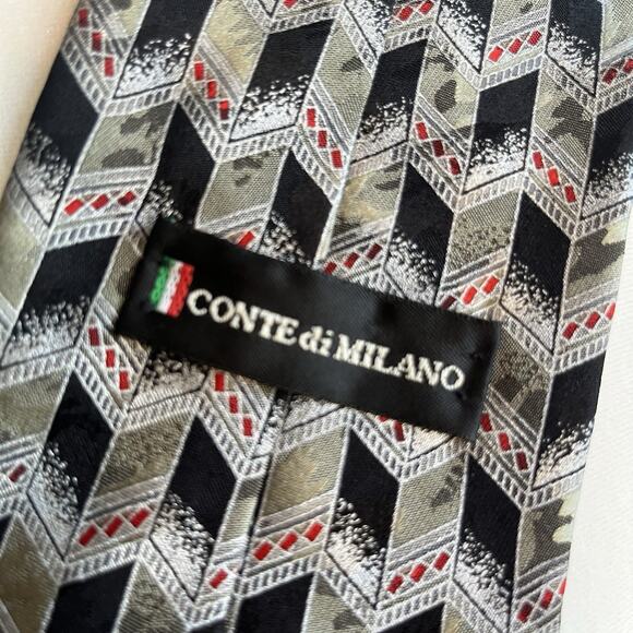 CONTE DI MILANO Tie Mens Silk Black Gray Art Deco Design Classic Length Office - Picture 4 of 7